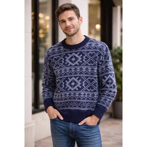 Vintage Blake & Manley Fair Isle Ski Sweater Blue Wool Blend Knit Pullover Sz S